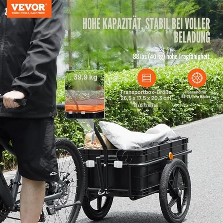 VEVOR Fahrradanhänger, Transportanhänger mit 40 kg Tragkraft, faltbar, wasserdichte Abdeckung, Universalkupplung, 40,6 cm Räder, passend für 640-711 mm Fahrradräder – Bild 2