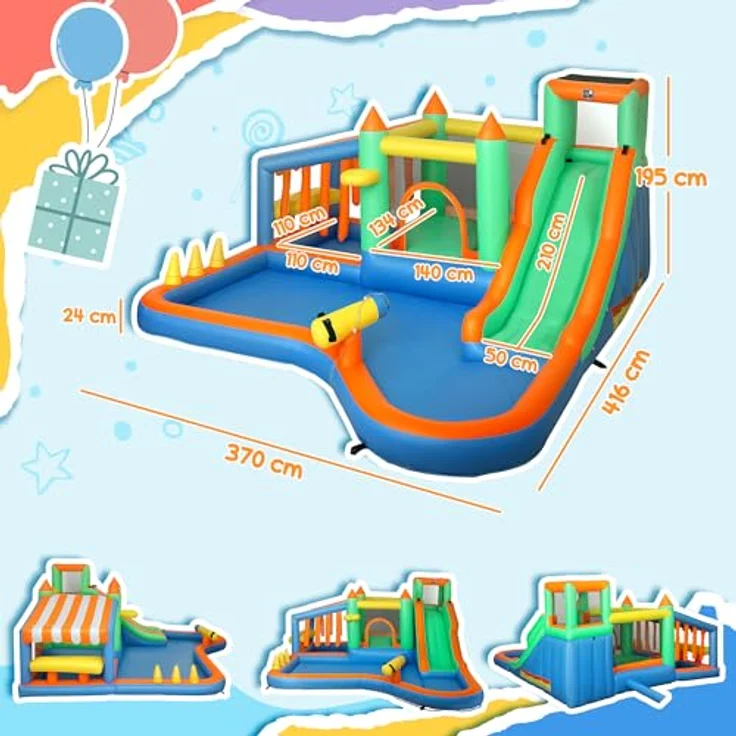 AIYAPLAY Hüpfburg mit Wasserrutsche, Planschbecken, Basketballkorb und Kletterwand, schnell aufblasbar, bunt, 416 x 370 x 195 cm, für drinnen und draußen – Bild 6