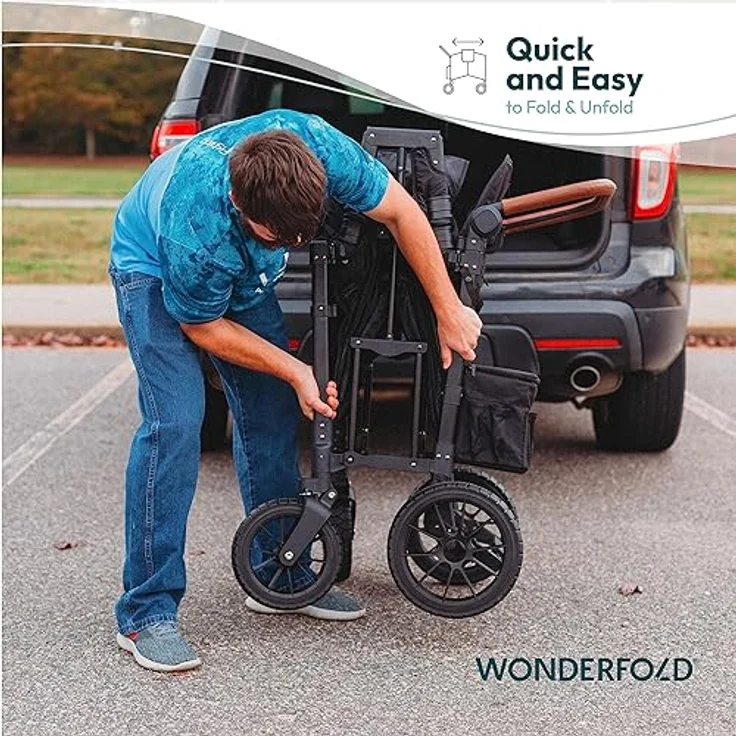 WONDERFOLD W2 Luxe Double Stroller Wagon, Volcanic Black - 2 High Face-to-Face Seats, Magnetic Buckle, 5-Point Harnesses, Adjustable/Removable UV-Protection Canopy – Bild 5