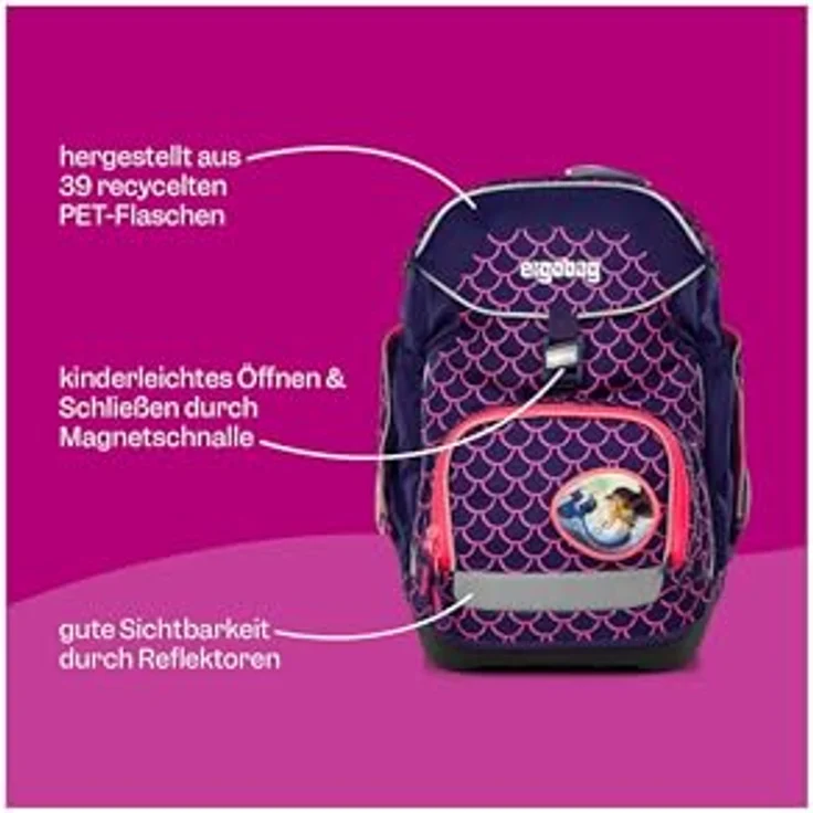 ergobag pack Set, ergonomischer Schulrucksack für 1. Klasse, 6-teiliges Set inkl. Sportrucksack und gefülltem Federmäppchen, höhenverstellbar, standfest und reflektierend – Bild 3