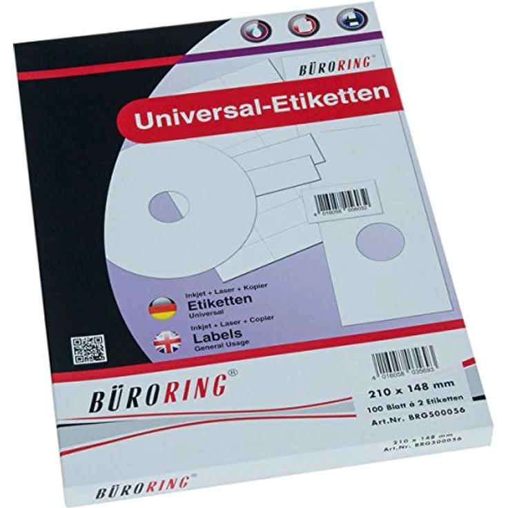 Büroring Etiketten A4, 210x148mm, Weiß, Selbstklebend, Universal, Lösungsmittelfrei, 200 Blatt/Packung