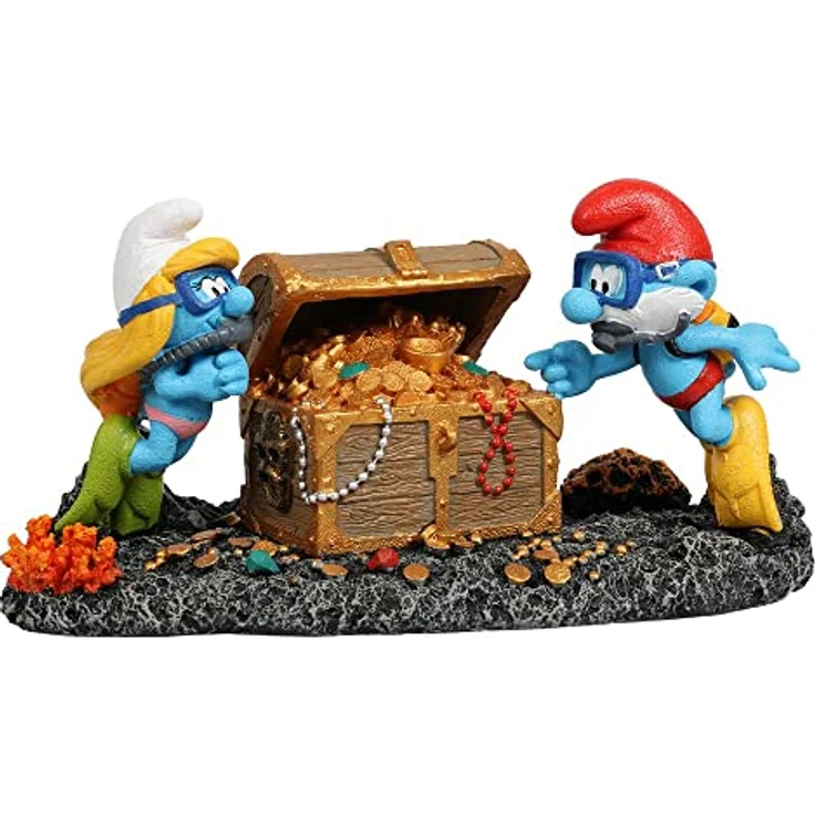 Aqua Della, Figur Schlümpfe Schatztruhe, 18,8 x 9,7 x 9,6 cm, sehr detailliert und hergestellt aus Polyesterharz, ungiftig und pH-neutral, für Süß- und Meerwasseraquarien – Bild 1
