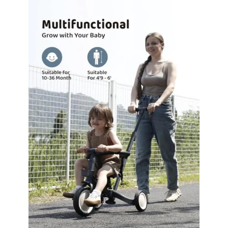 newyoo 5 in 1 Laufrad Dreirad, multifunktionales Kinderdreirad mit Schubstange, verstellbarem Lenker und Sitz, Sicherheitsbügel, für Kinder 1-3 Jahre, Dunkelgrau – Bild 5
