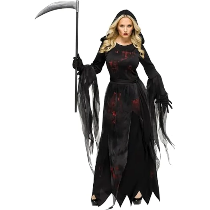 Fun World Division Sensenfrau Kostüm, bodenlanges Kleid mit Kapuze und Blutflecken, Schwarz, Größen M und L