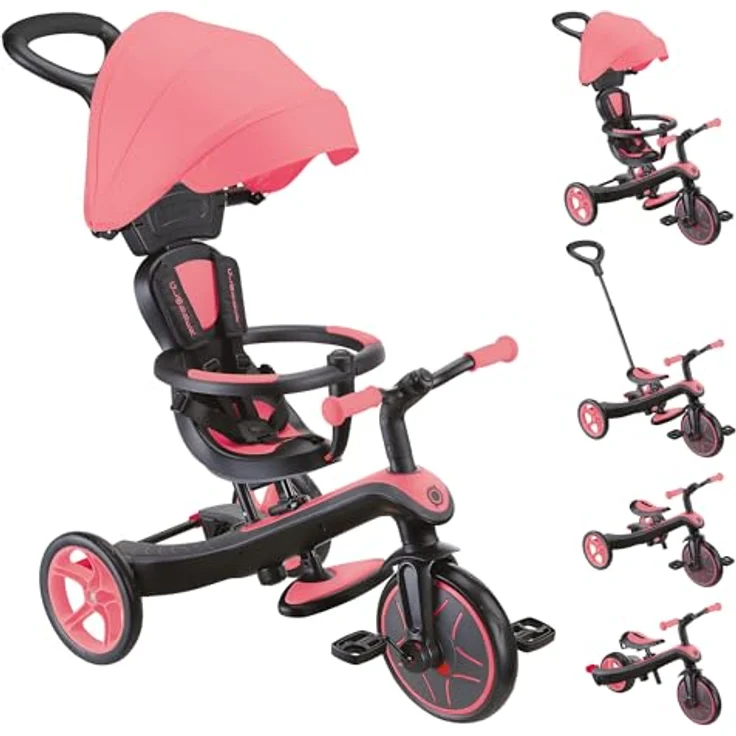 Globber Explorer Trike 4in1 Pro in Coral Pink - Dreirad, Laufrad und Kinderwagen in 10/8,5 Zoll - TPR-Sitz - höhenverstellbares Kinderfahrzeug – Bild 1