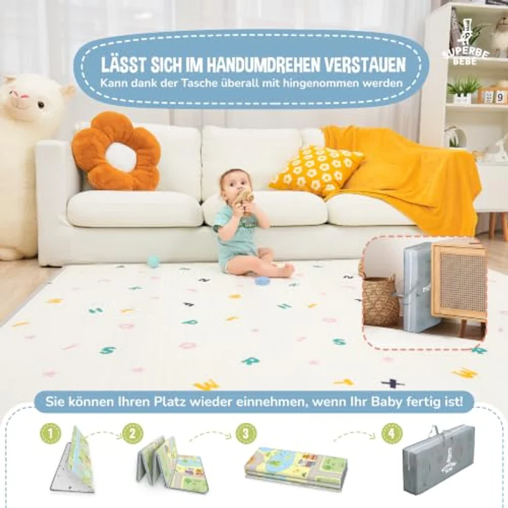 SUPERBE BEBE Krabbelmatte Faltbar 180x200x1.5cm, Wasserdicht, Ökologisch, Rutschfest, Umkehrbar, Mit Buchstaben und Zahlen für Babys und Kinder – Bild 3