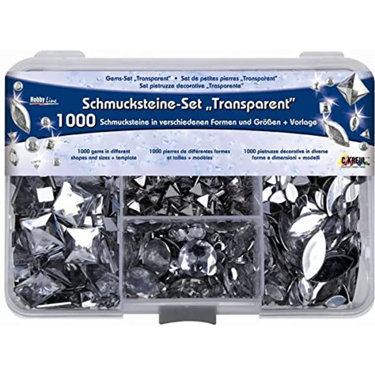 Kreul 49640 - Schmucksteine Set, 1000 transparente Steine in verschiedenen Formen und Größen für modische Accessoires und Home Deco
