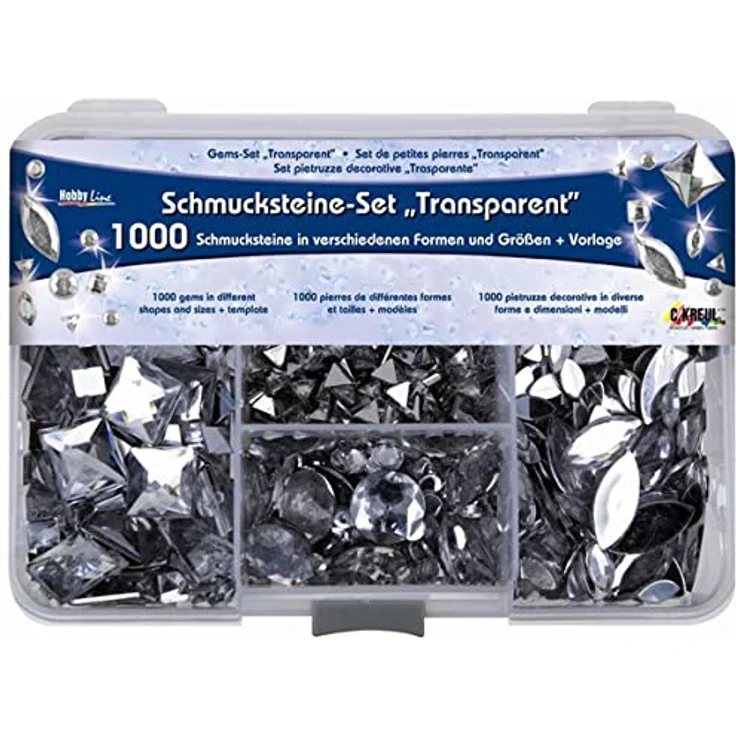 Kreul 49640 - Schmucksteine Set, 1000 transparente Steine in verschiedenen Formen und Größen für modische Accessoires und Home Deco