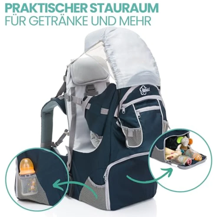 Fillikid Babytrage, Rückentrage für Baby & Kleinkind mit Sonnenschutz, blau, ergonomisch gepolstert, höhenverstellbar, für Wanderausflüge – Bild 4