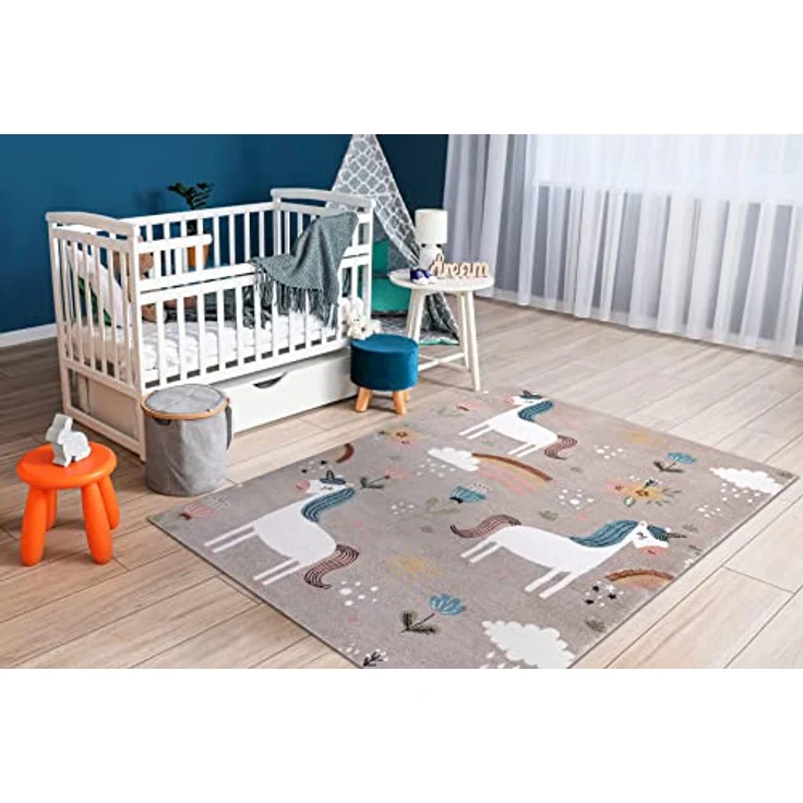 rugsx FUN Sweety Kinderteppich, Einhorn-Regenbogen Muster, beige, 80x150 cm, 100% Polypropylen, pflegeleicht, für Fußbodenheizung geeignet – Bild 2
