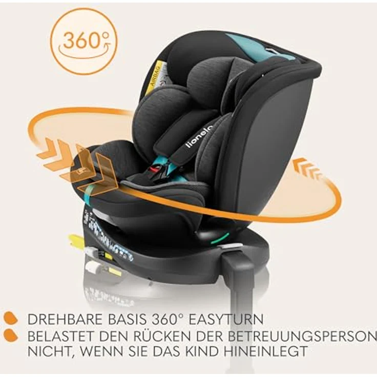 lionelo Autokindersitz NAVY I-SIZE, mit 360° EasyTurn-Drehbasis, ab Geburt bis 12 Jahren, 1,00-36,00 kg, (Set), 40-150cm, i-Size, schwarz – Bild 6