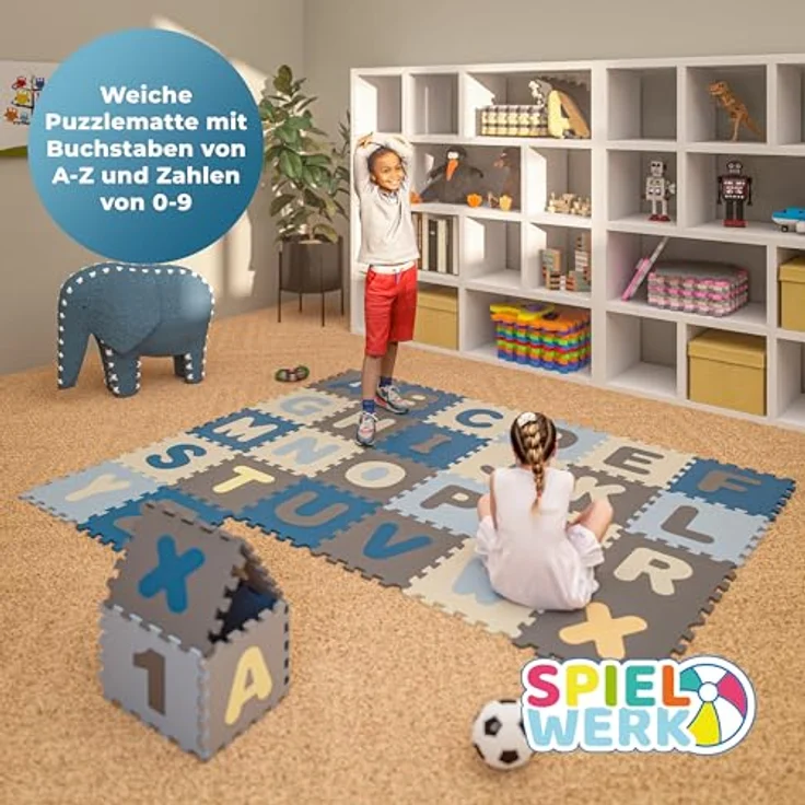 Spielwerk® 86-teilige Puzzlematte Baby Kinder 3,3m² Spielmatte Bodenschutzmatte Krabbelmatte Buchstaben Zahlen ABC Lernteppich XXL Schaumstoff Blau – Bild 2