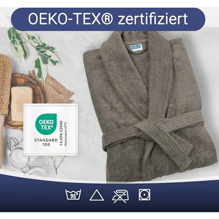 ZOLLNER Unisex-Bademantel, 100% Baumwolle, Schalkragen, Gürtel, S-6XL, weiß – Bild 4