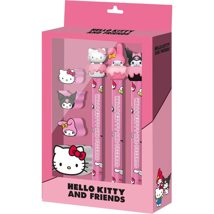 Karactermania Hello Kitty Schreibwaren-Set, 3 Bleistifte, 3 Radiergummis, 1 Anspitzer, Metallspitze – Bild 1
