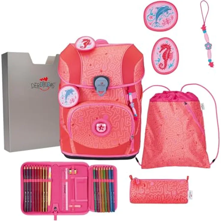 DerDieDas Schulranzen ErgoFlex Tiny Superflash Set 6-teilig, großes Hauptfach, komfortable Träger, viele Taschen, robustes Material, coral reef lachsfarben