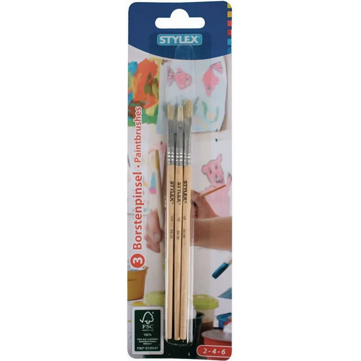 Stylex Schreibwaren Malpinsel 3 Borstenpinsel / Größe: je 1x 2, 4, 6, mit Holzgriff und Metallzargen