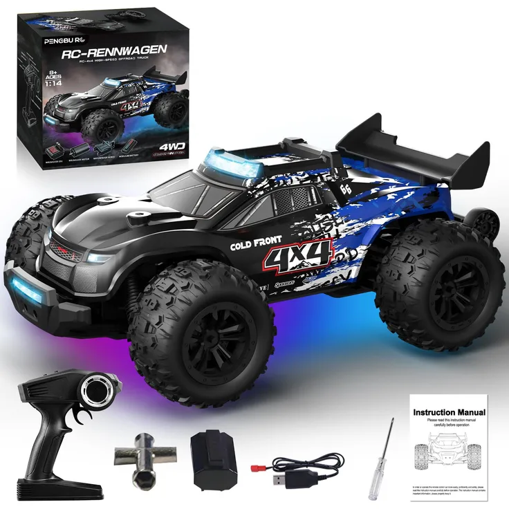 ESUN RC-Auto 1:14 Brushless, 50 KM/H 4WD Offroad mit Metallstoßdämpfern und 2x 7,4V Batterien
