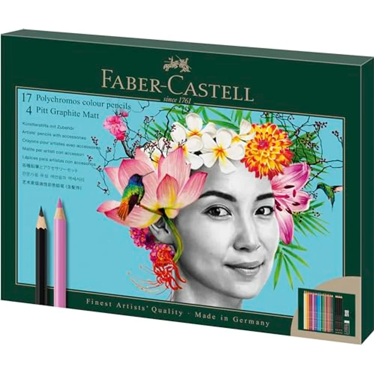Faber-Castell Polychromos 210052, 17er-Buntstifte-Set mit 3,8-mm-Minen, inkl. 4 Pitt Graphite Matt Bleistifte, Radiergummi und Anspitzer – Bild 1