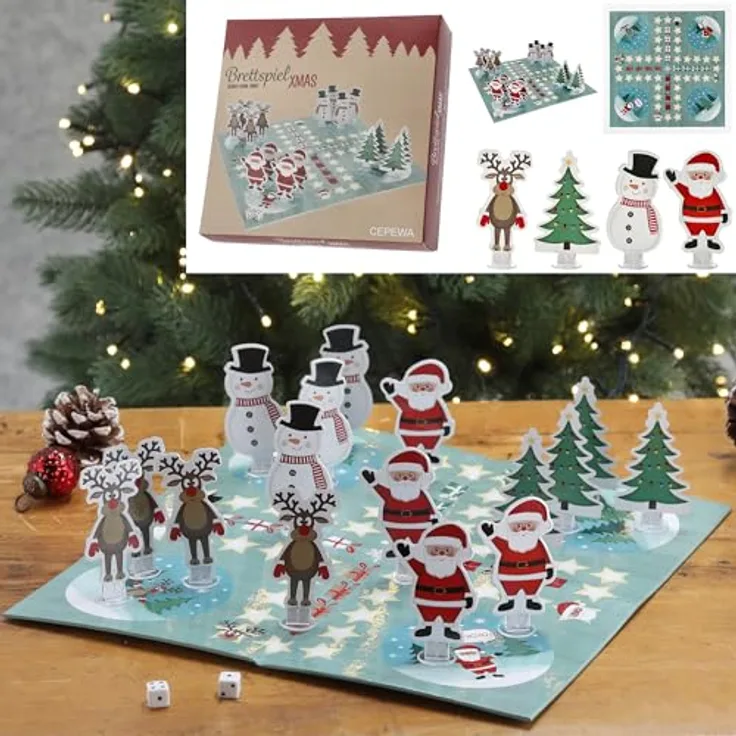 Annastore Brettspiel mit weihnachtlichen Figuren - Familienspiel Gesellschaftsspiel Spiele Spiele für Weihnachten Würfelspiel, zusammenklappbar in 30 x 30 cm, Pappe, für 2-4 Spieler ab 5 Jahren