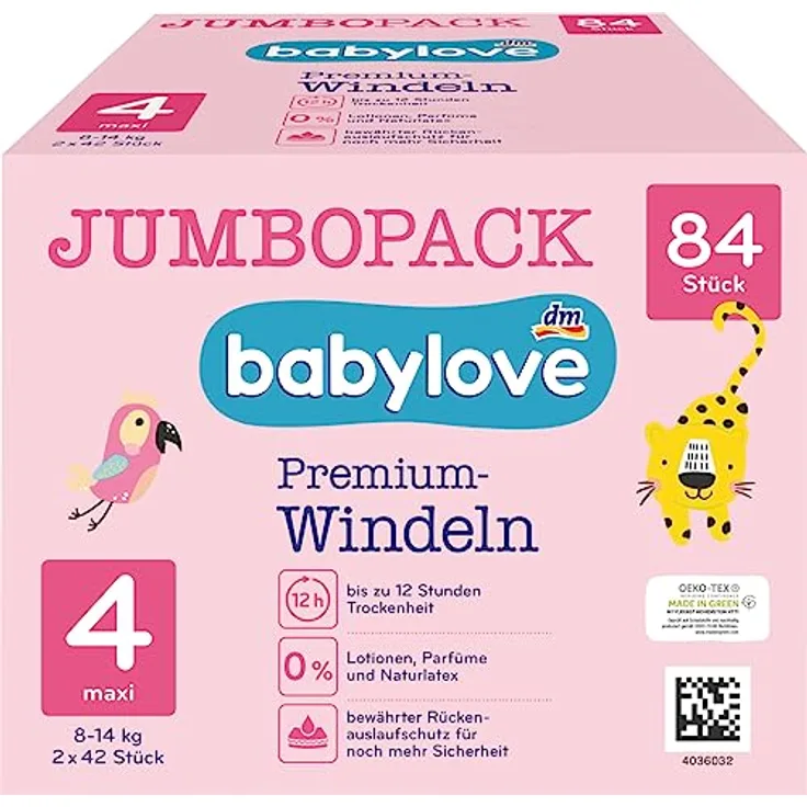 babylove Windeln Premium aktiv plus Größe 4, maxi 7-18kg, Jumbo Pack 2x42 Stück, 84 St