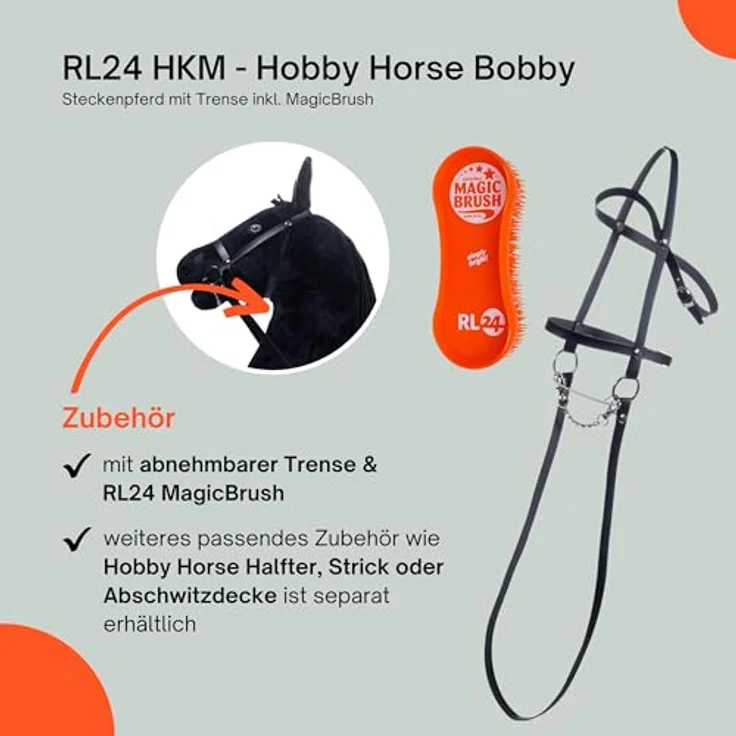 RL24 Hobby Horse Bobby, Steckenpferd mit Trense, Plüsch-Spielpferd mit 40 cm Holzstock, ohne Griffe & Rollen, schwarz, inkl. MagicBrush – Bild 5