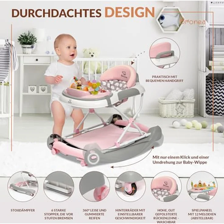 Bronea BRONEA® 4-in-1 Gehfrei Babywalker ab 6 Monate | Lauflernwagen mit Schaukelfunktion und Spielpaneel mit Musik | Höhenverstellbare und Klappbar | Lauflernhilfe mit leisen Rollen und Bremsen – Bild 4