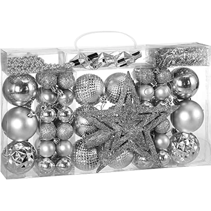 DEUBA® Weihnachstkugeln 66tlg Ø 3-6cm Kunststoff matt glänzend Christbaumkugeln Christbaumschmuck Anhänger Weihnachtsbaumkugeln Weihnachtsdeko Silber – Bild 1