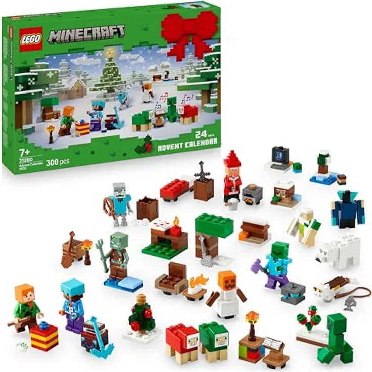 LEGO Minecraft Adventskalender 2025, 24 baubare Überraschungen mit Minifiguren Alex und Steve, ausklappbare Spielmatte
