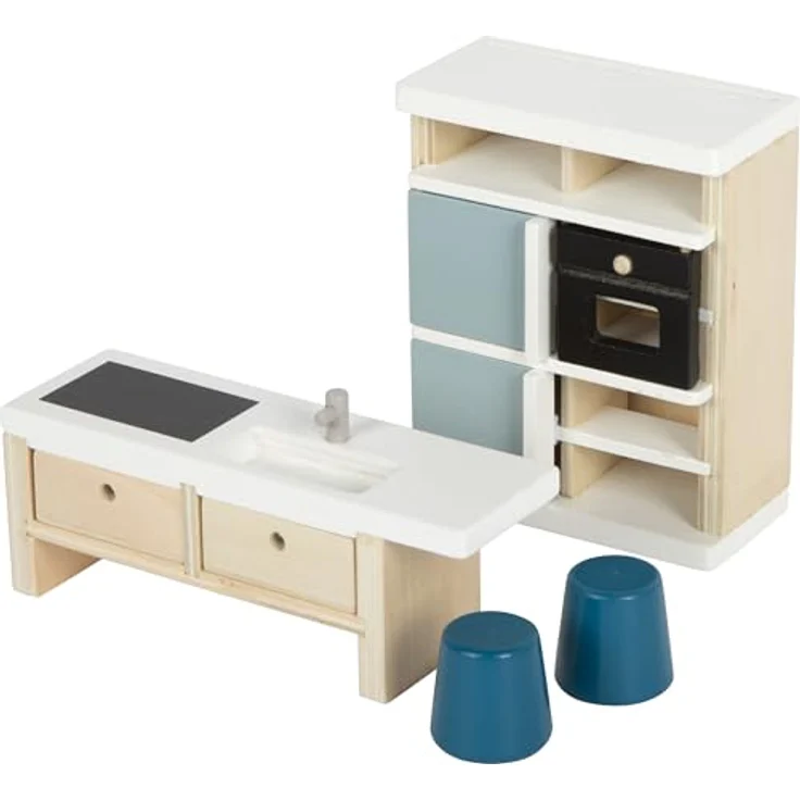 Small Foot Puppenhausmöbel Küche, 11tlg. Puppenhausküchen-Set mit Hochschrank, Kücheninsel und Sitzgruppe, Naturholz mit modernen Akzenten – Bild 2