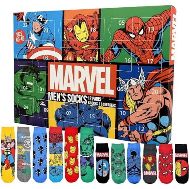 United Labels Marvel Adventskalender, 12 Paar Socken für Herren, Größe 40-45, mit klassischen und Sneakersocken, offizielle Marvel Merchandise