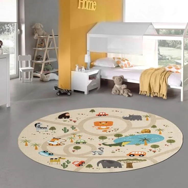 Teppich-Traum Kinderteppich Safari Tiere Straßen Beige Ø 200 cm, rutschfest, schadstofffrei, geeignet für Fußbodenheizungen – Bild 1