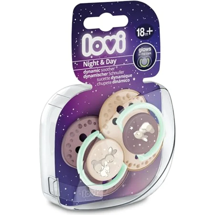 LOVI Dynamic Schnuller, BPA-freier Schnuller aus Silikon mit zusätzlichen Öffnungen, Im Dunkeln leuchtende Schnuller, Hygieneschutzhülle, 2 Stück, Rosa(18m+, Night & Day Girl) – Bild 4