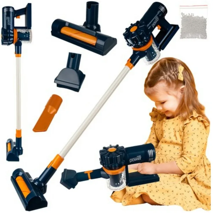 ISO TRADE Lernspielzeug 2-in-1 Kinderstaubsauger, marineblau/weiß/orange, mit 3 austauschbaren Aufsätzen und realistischem Sauggeräusch