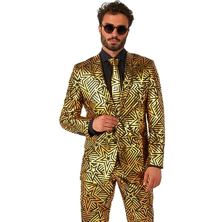 OppoSuits Goldener Stern, Anzug mit Sacko, Hose und Krawatte, schwarz mit goldenen Sternen, Größe 52 – Bild 2