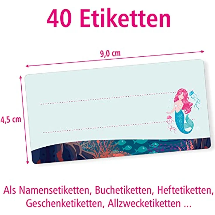 itenga Buchetiketten Heftetiketten 40 Stück, selbstklebend, 9x4,5 cm, Namensschild Aufkleber aus Haftpapier (Meerjungfrau) – Bild 2