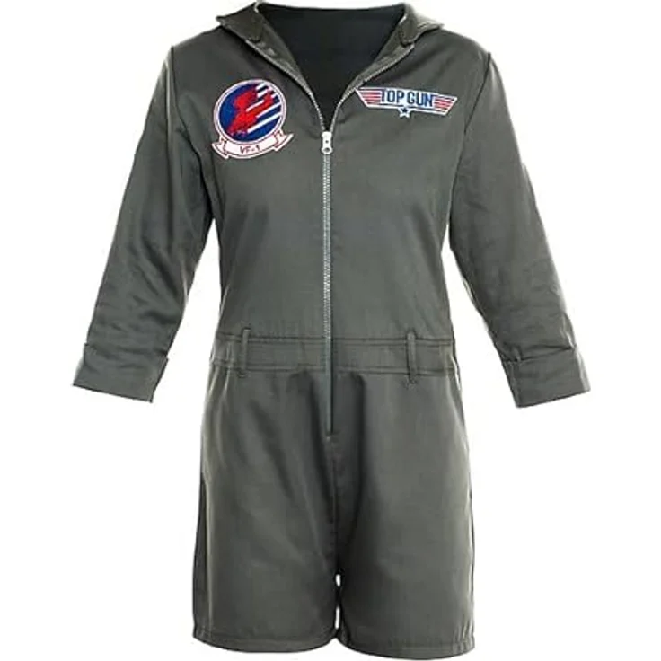 Maskworld Top Gun Kostüm für Damen, Olivgrüner Playsuit mit Patches, Größe XL – Lizenziertes Piloten-Outfit für Karneval & 80er Mottopartys – Bild 4
