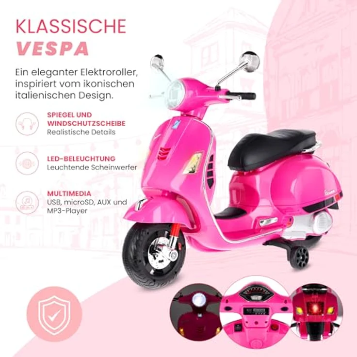 Sun Baby Vespa Maxi Elektroroller, 12V Akku Motorroller für Kinder mit Kofferraum, Licht, Sound, rosa – Bild 2