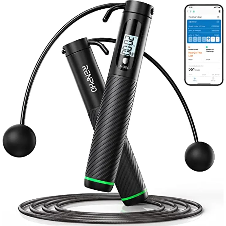 RENPHO Springseil mit Zähler, intelligentes gewichtetes Springseil für Training Fitnessübungen, verstellbares Sprungseil für Anfänger und Profis, Jump Rope mit APP-Datenanalyse, Kalorienverbrennung, schwarz.