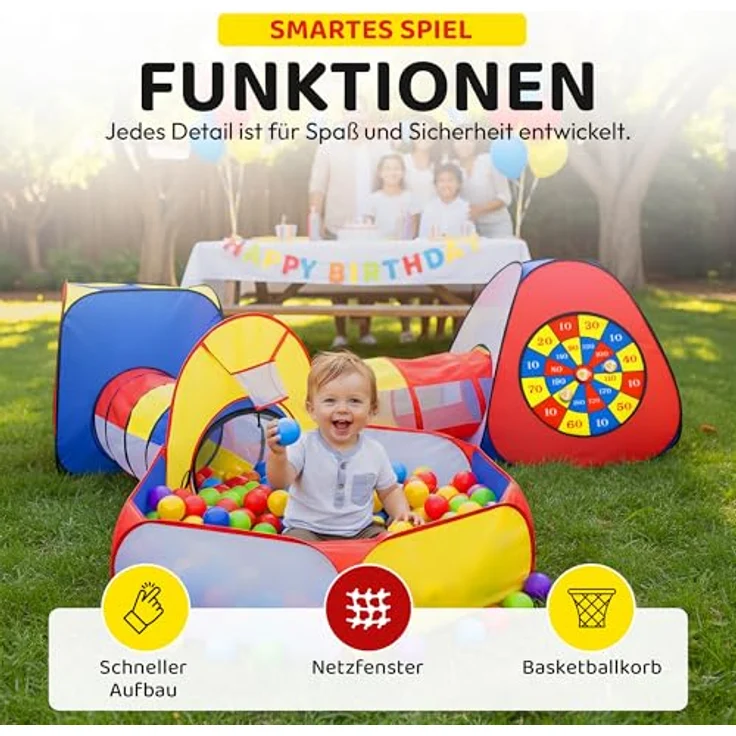all Kids United® XXL Spielzelt mit Tunnel, Bällebad, Krabbel-Tunnel & Klettball Dartscheibe, Pop-Up 5-teiliges Spiel-Haus mit Tasche – Bild 5