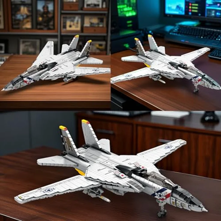 Reobrix F-14 Fighter Bauspielzeug-Set, Militär-Tomcat Kampfflugzeug Modell mit 1600 Bausteinen, interaktivem Riemenscheiben-Design, für Erwachsene und Sammler, ab 14 Jahren – Bild 3