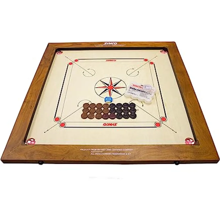 GICO Carrom Board Synco Professional Turnier Board 74x74 cm Spielfäche - 2980, Massiv-Hartholzrahmen, 12 mm starke Spielfläche, 24 Profi Spielsteine, Genius for Player, Turnier Ballstriker 15g