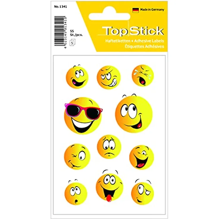 TopStick 1341 Sticker Happy Face, 10er Set (550 Aufkleber, Papier, matt) selbstklebende kleine Smiley Sticker für Geschenk, Geburtstag, Fotoalbum, Belohnung, Scrapbooking, Dekoration, gelb