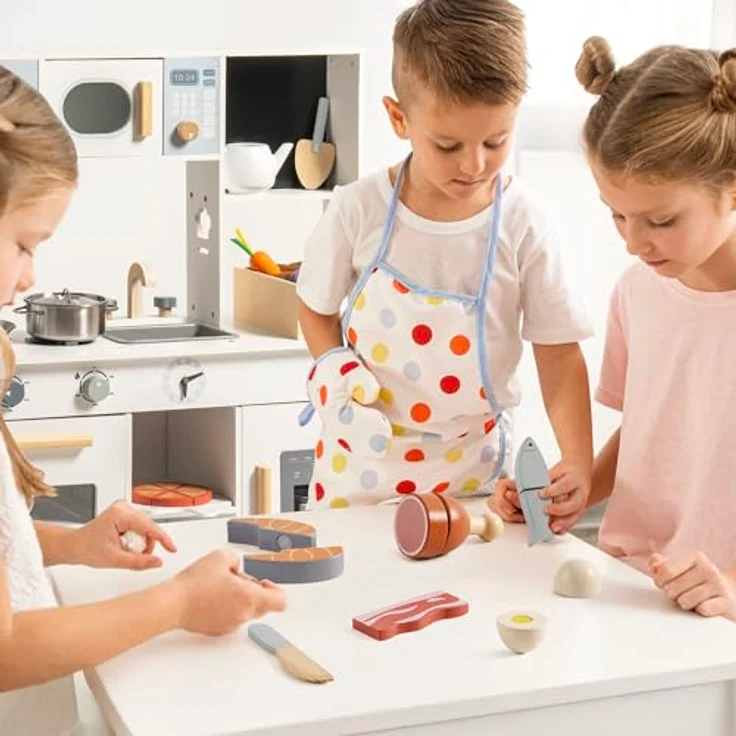 ROBOTIME Holz-Fleisch & Eier-Schneideset für Kinder, realistisches Metzger-Spielset mit Holz-Fisch, Speck, Steak, Ei & Zubehör, Montessori-Rollenspiel, inklusive Tragetasche – Bild 5