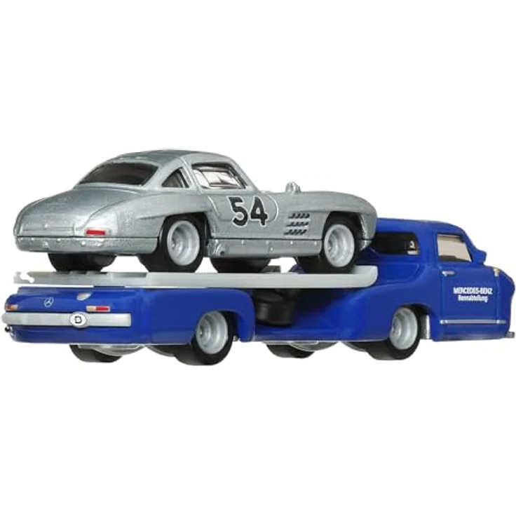 Hot Wheels Mercedes-Benz 300 SL und '55 Blaues Wunder Team Transport Set, Modellfahrzeuge mit detaillierter Metall- und Kunststoffkonstruktion, silberne und blaue Lackierung, ideal zur Präsentation in Blisterverpackung – Bild 5
