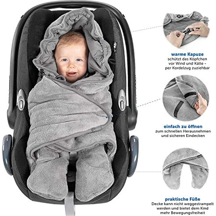 Zamboo Baby Einschlagdecke mit Füßen - Winter - gefütterte Decke für Babyschalen/Autositze (passend für Maxi-Cosi, Cybex, Römer) und Kinderwagen, mit Kapuze und Tasche - Grau – Bild 4