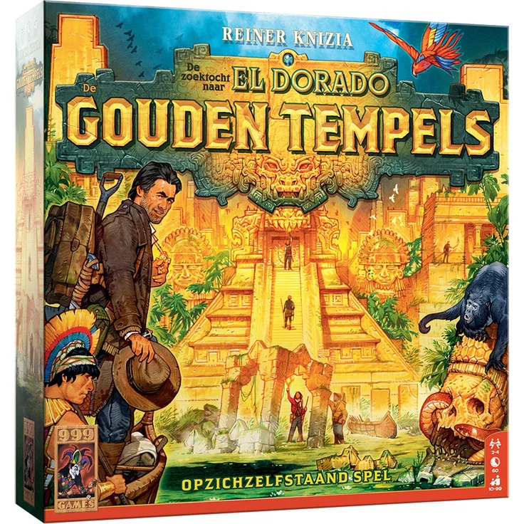 999 Games Die Suche nach El Dorado – Brettspiel der goldenen Tempel, strategisches Abenteuer für 2-4 Spieler, niederländische Sprache, kompakte Größe 29,5 cm x 29,5 cm x 6,5 cm