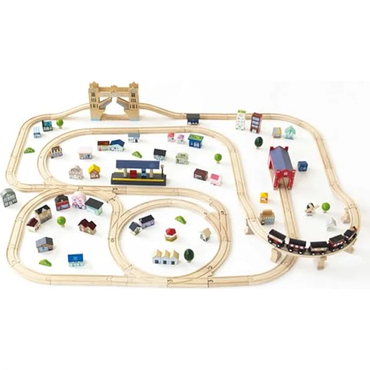 Le Toy Van London Train Set, 120-teiliges Holzeisenbahn-Set mit magnetisch verbindbaren Waggons, Gleisen und detaillierten Zubehörteilen aus nachhaltigem Holz, für Kinder ab 3 Jahren – Bild 3