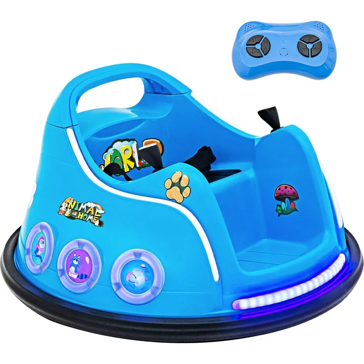 GOPLUS 12V Elektro Bumper Car für Kinder, Autoscooter mit Fernbedienung, Joystick, blinkendem LED-Licht, Musik, 360 Grad Rotation & Vorwärts- und Rückwärtsfunktion, Blau
