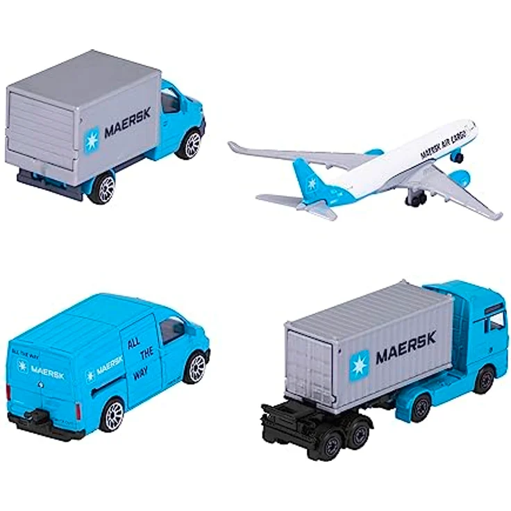 Majorette - Maersk Transport-Fahrzeuge (Geschenkset) - 4 Modellfahrzeuge aus Metall (Man Truck, Mercedes-Benz Sprinter, Volkswagen Crafter & Airbus Flugzeug), Spielzeug für Kinder ab 3 Jahre – Bild 2