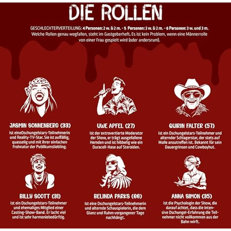 Mord bei Tisch Mord bei Tisch Dschungelstars - Krimidinner, Brettspiel für 4-6 Spieler ab 16 Jahren, deutsch, 150+ Minuten Spieldauer – Bild 6